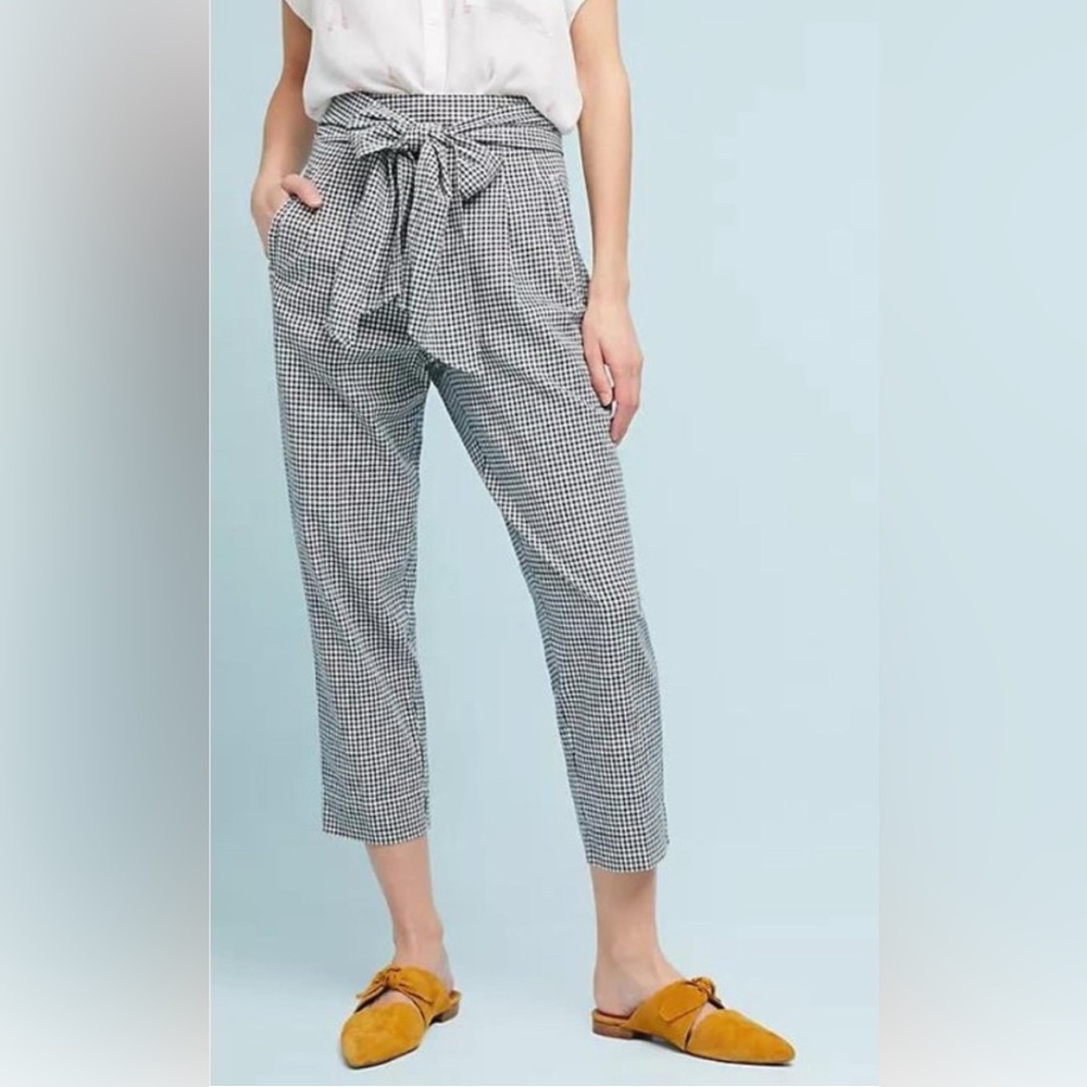 Anthropologie Cartonnier Tie-Waist Gingham Trousers Linen Blend Blue White